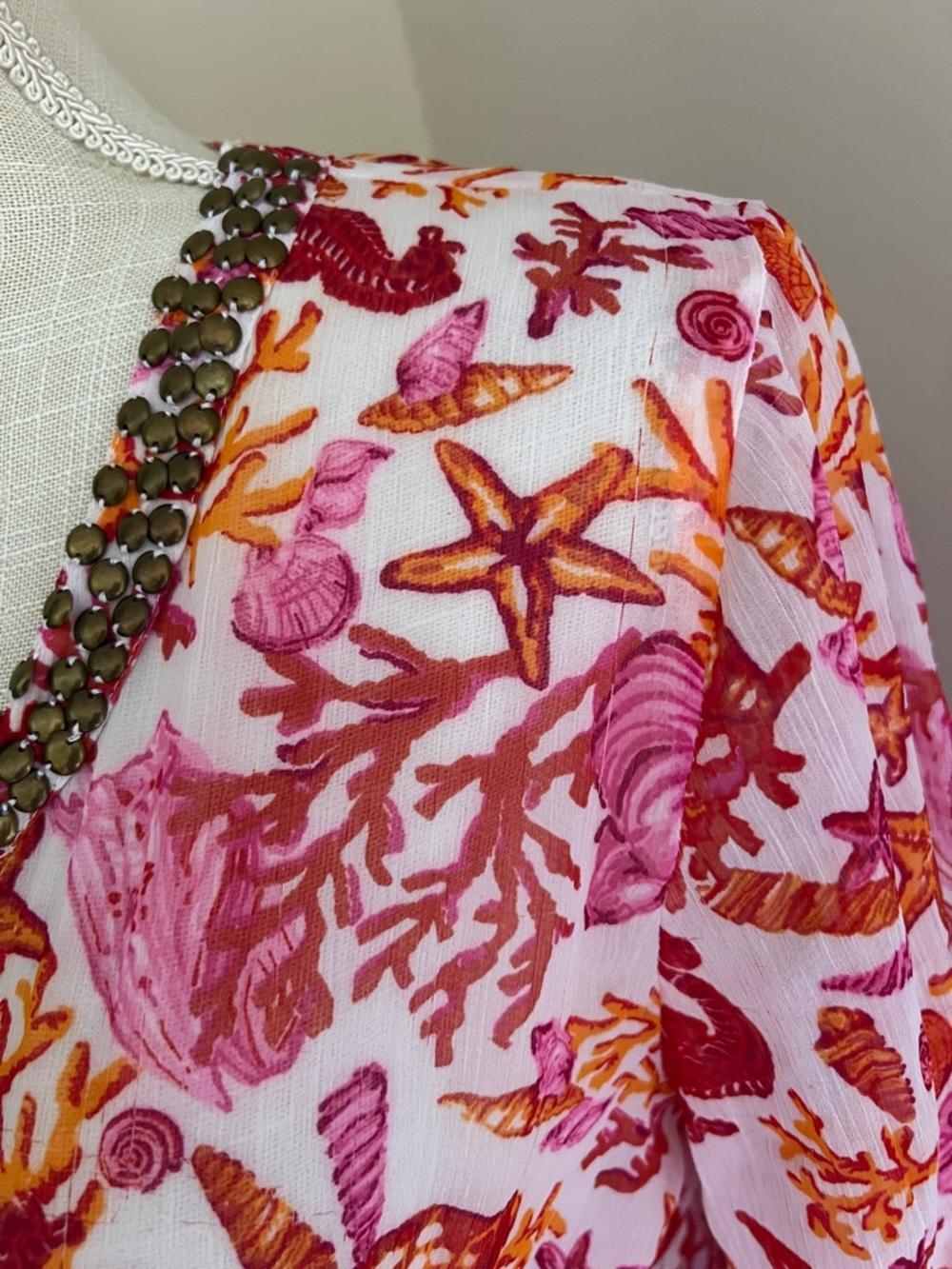 blue island Pink and Orange Printed Tunic with Beaded Neckline - Picture 3 of 8